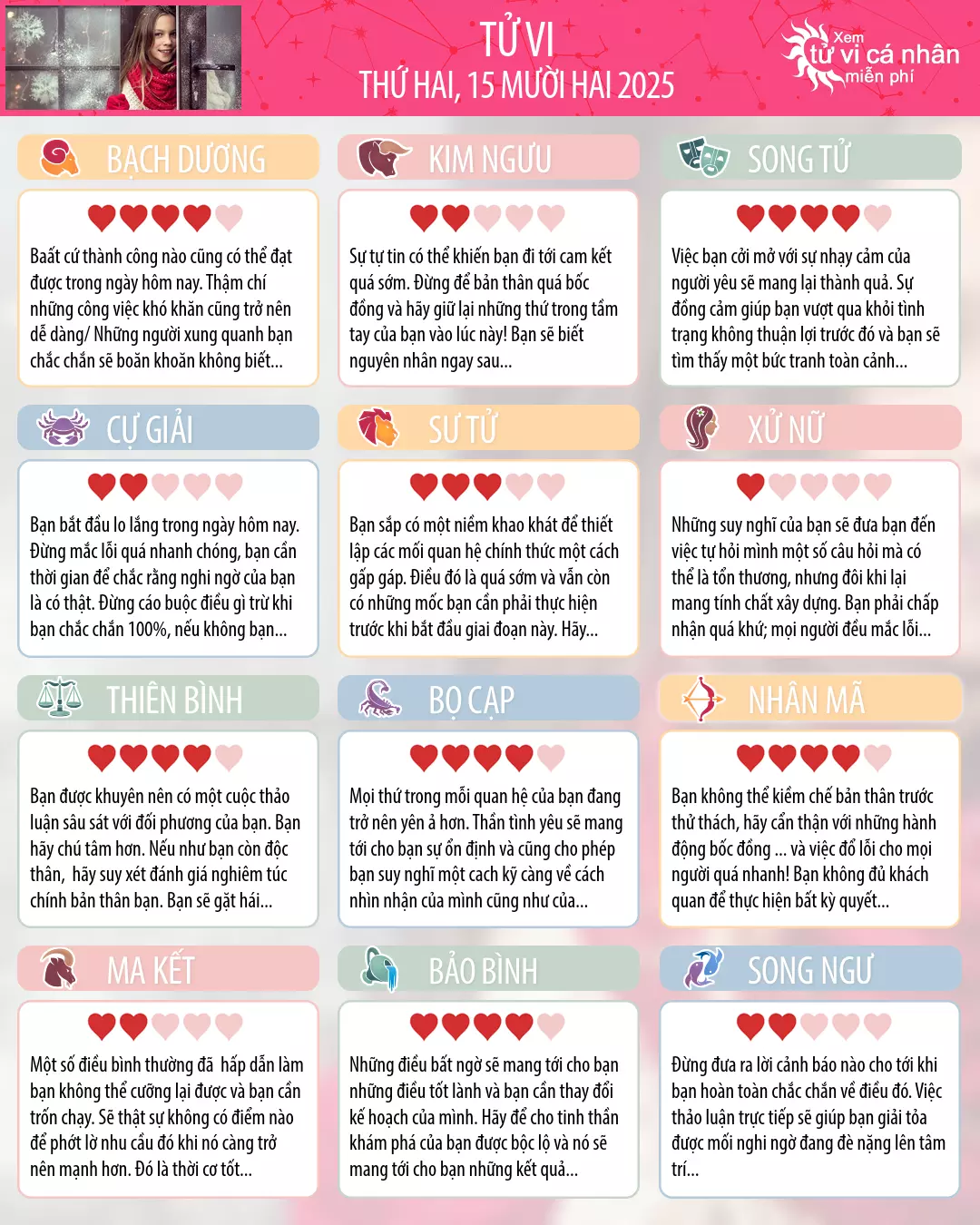 Oroscopo di thứ hai 15 tháng 12 2025