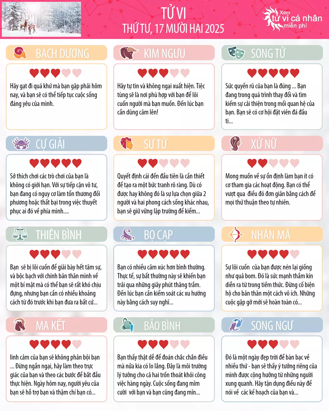 Oroscopo di thứ tư 17 tháng 12 2025