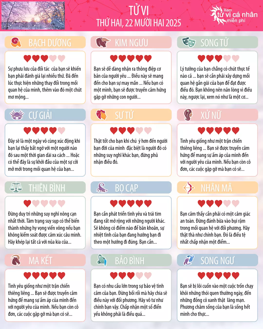 Oroscopo di thứ hai 22 tháng 12 2025