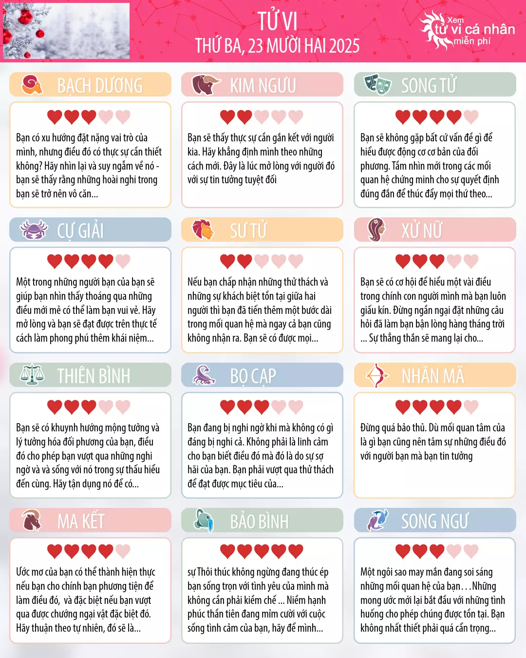 Oroscopo di thứ ba 23 tháng 12 2025