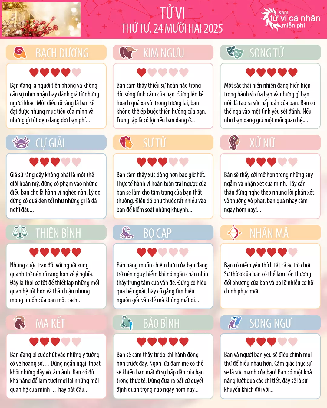 Oroscopo di thứ tư 24 tháng 12 2025