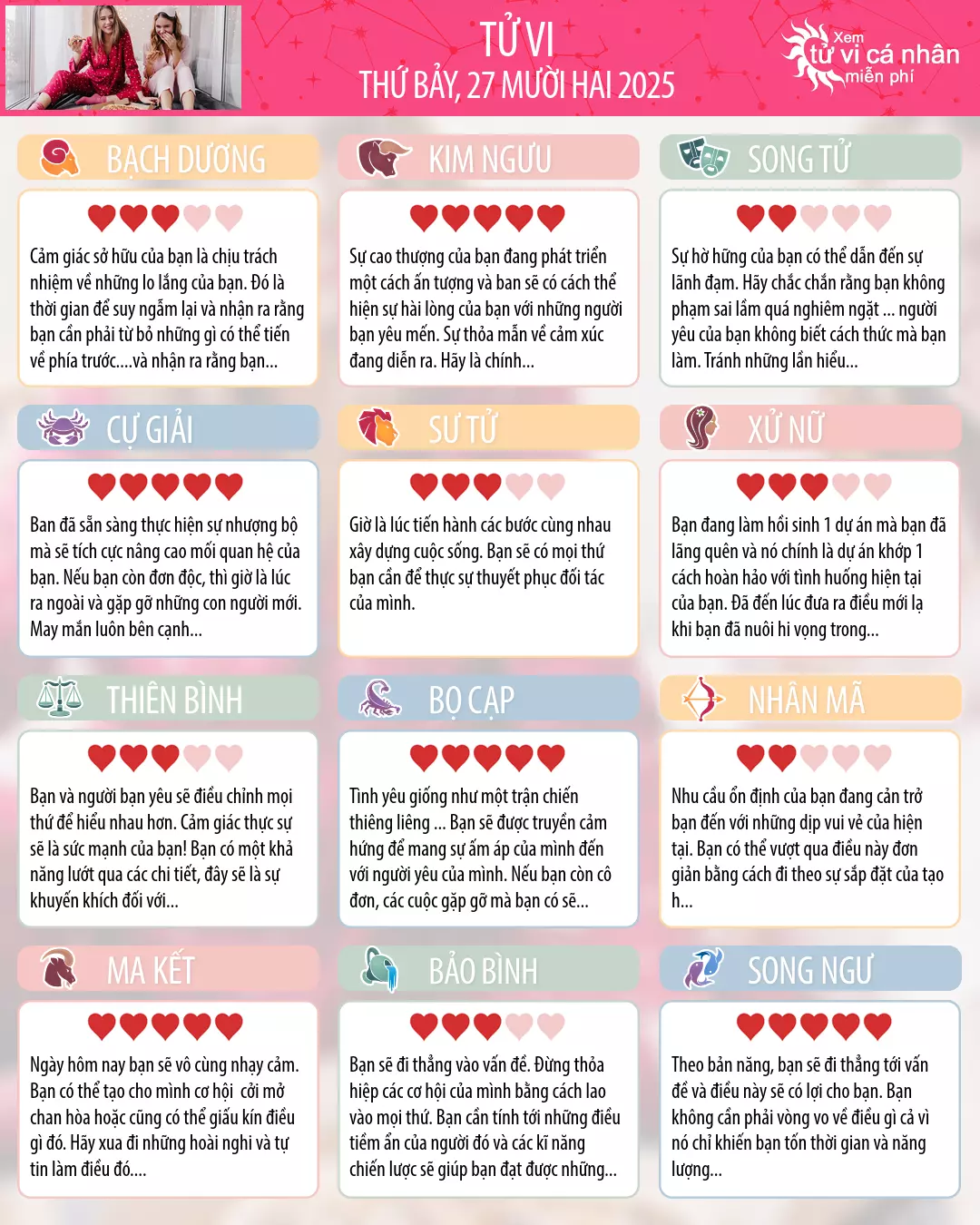 Oroscopo di thứ bảy 27 tháng 12 2025