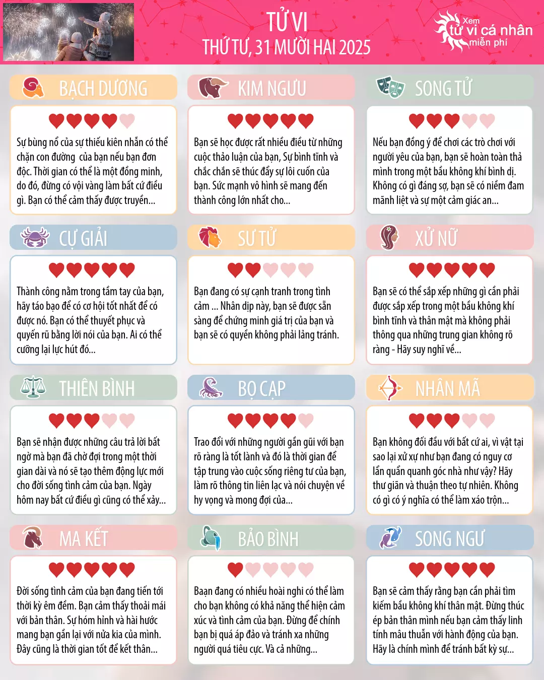 Oroscopo di thứ tư 31 tháng 12 2025