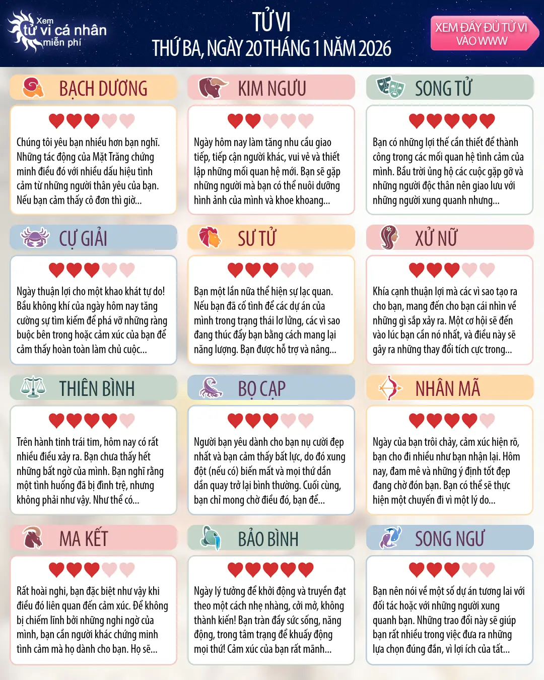 Oroscopo di thứ ba 20 tháng 1 2026