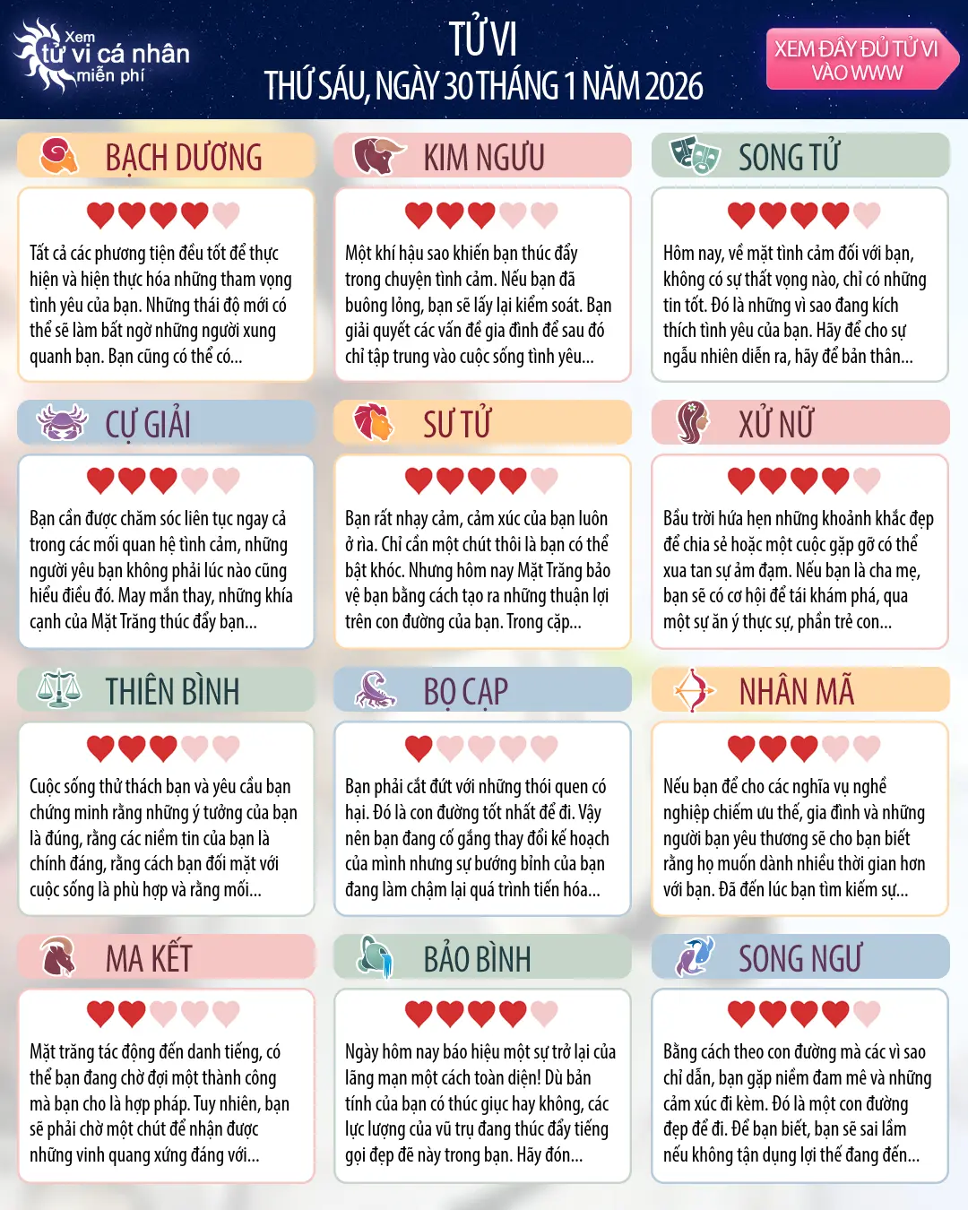 Oroscopo di thứ sáu 30 tháng 1 2026
