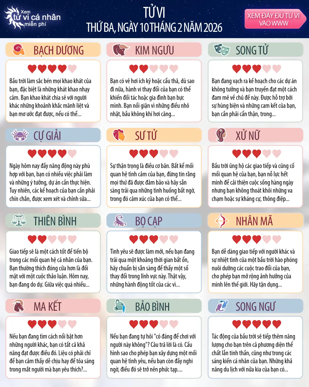 Oroscopo di thứ ba 10 tháng 2 2026