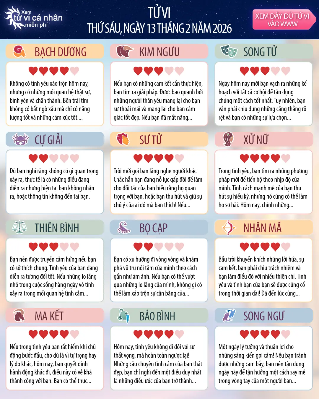 Oroscopo di thứ sáu 13 tháng 2 2026