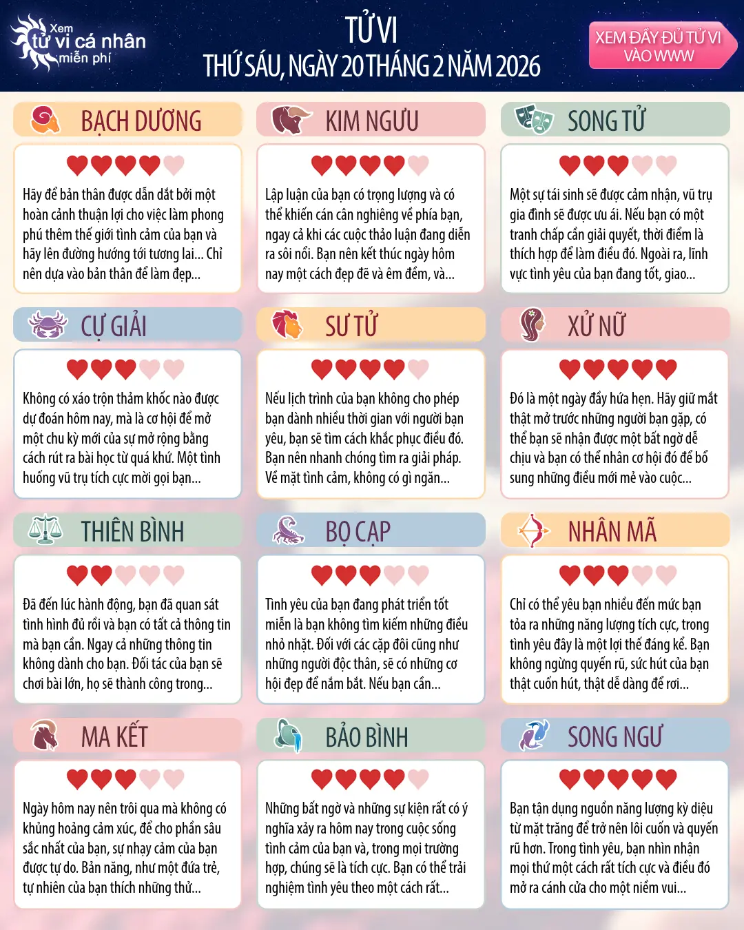 Oroscopo di thứ sáu 20 tháng 2 2026