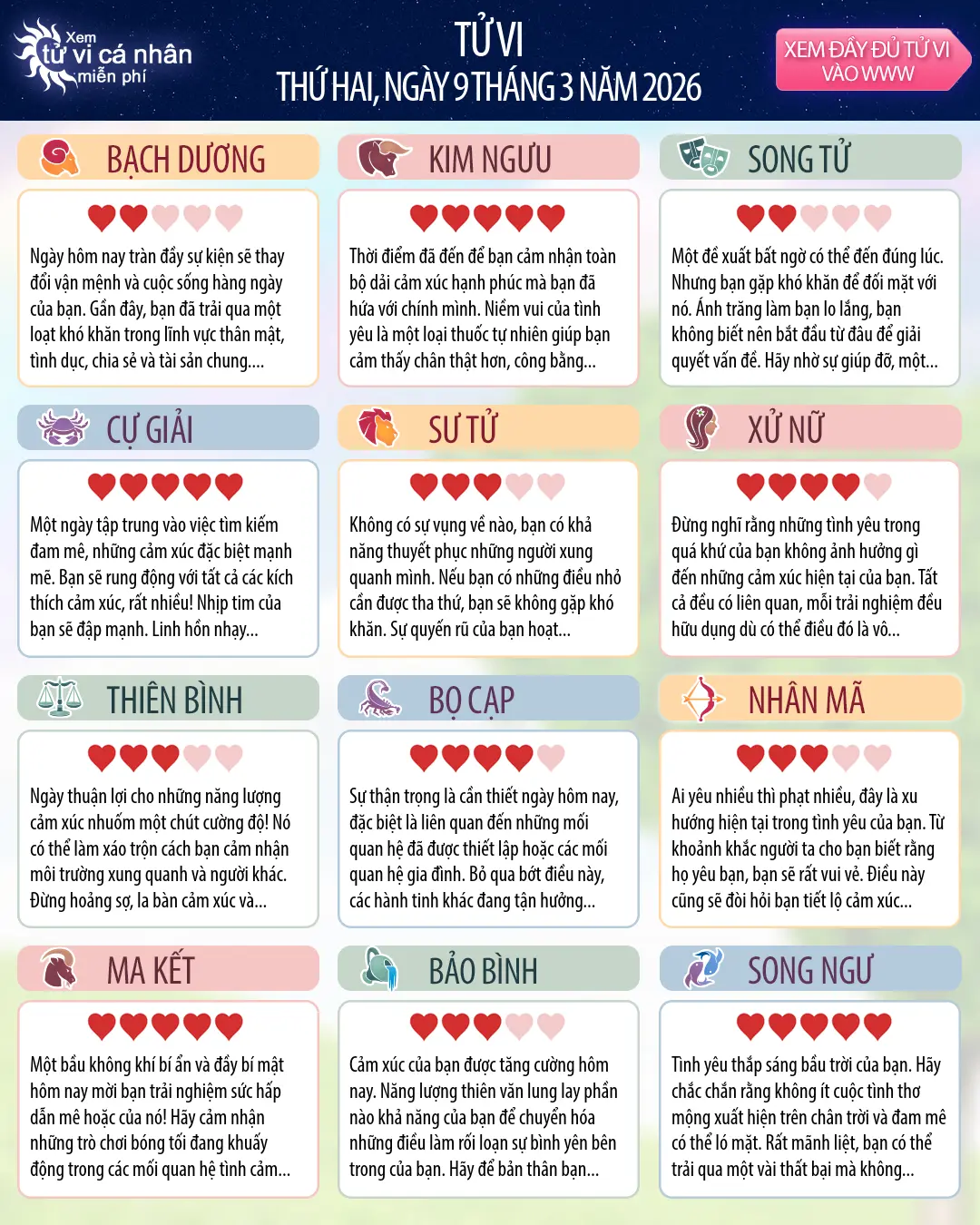 Oroscopo di thứ hai 9 tháng 3 2026
