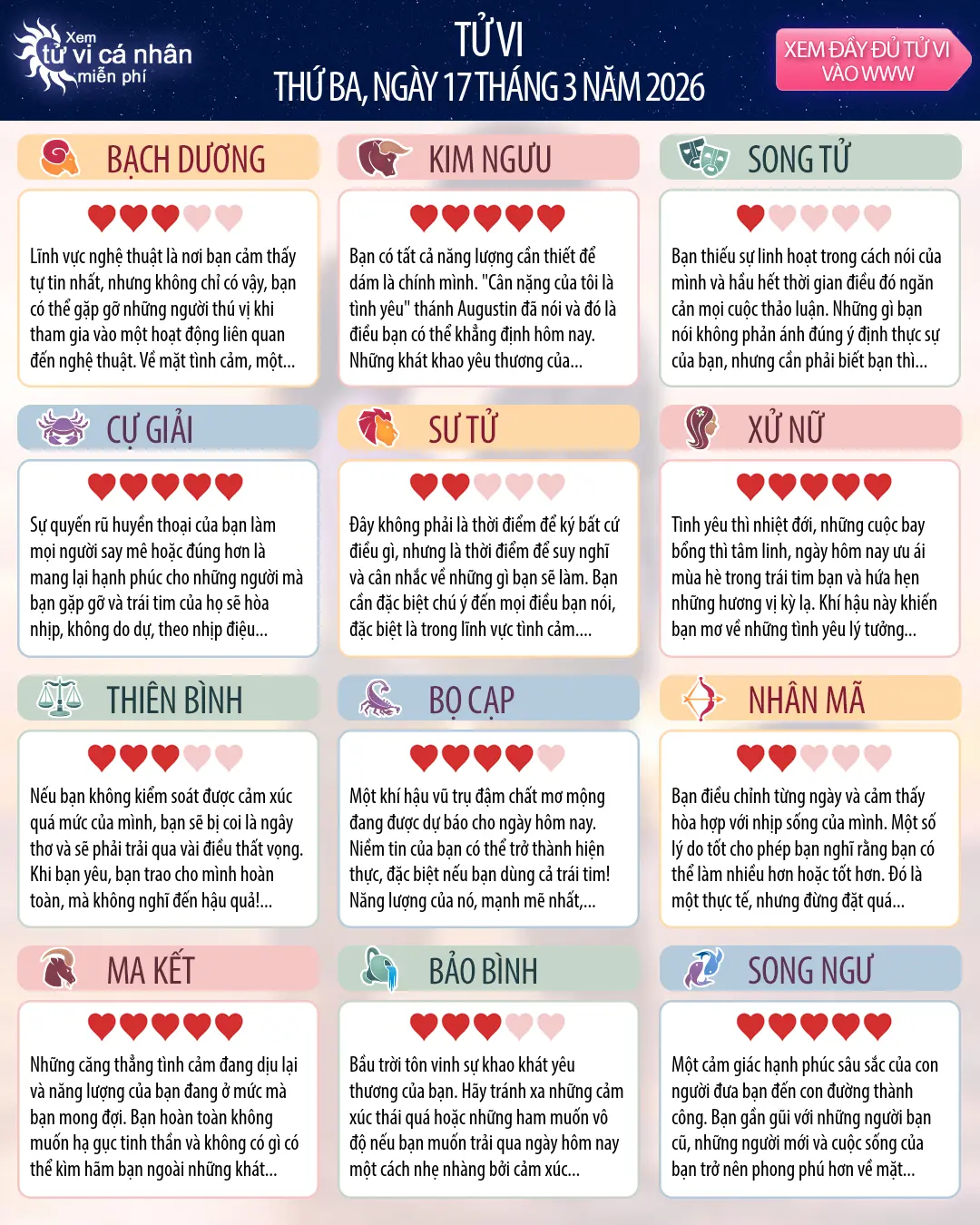 Oroscopo di thứ ba 17 tháng 3 2026