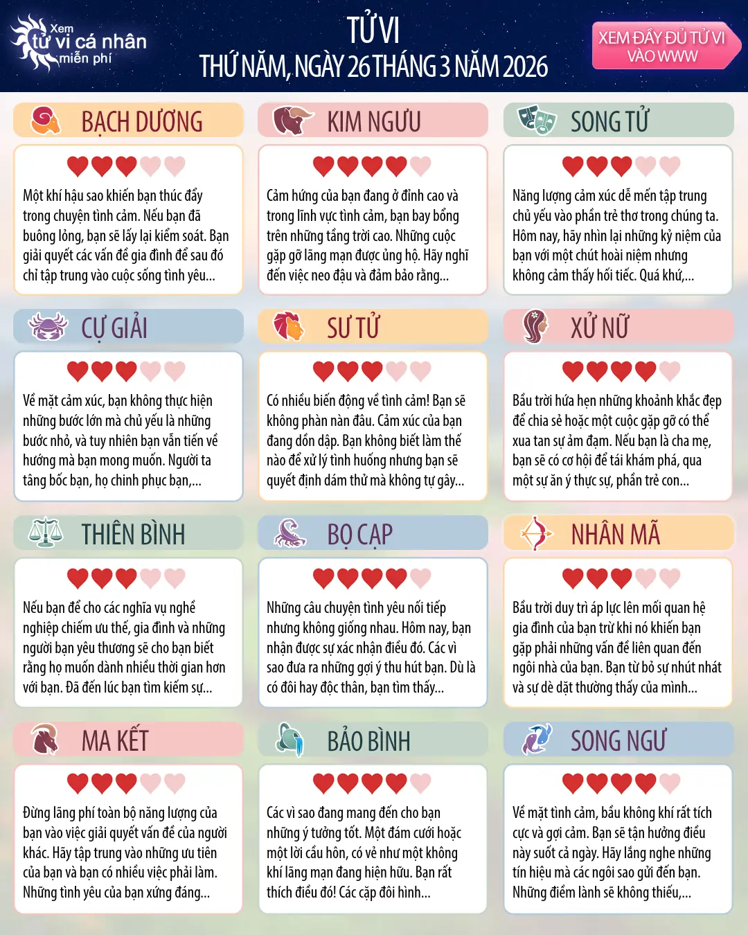 Oroscopo di thứ năm 26 tháng 3 2026