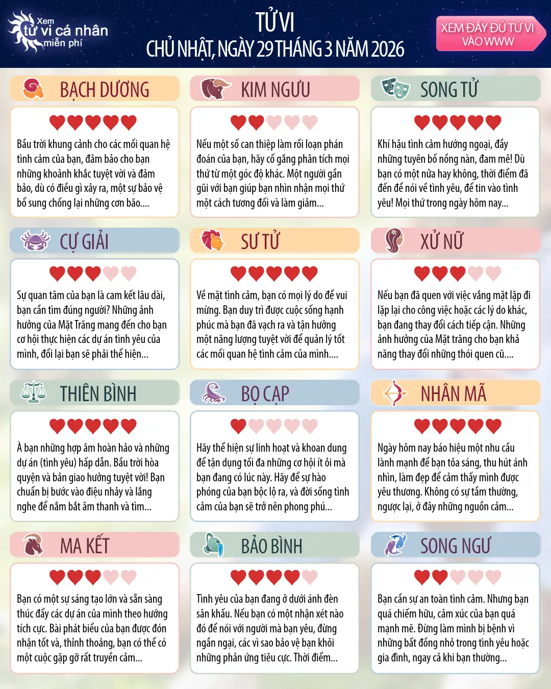 Oroscopo di chủ nhật 29 tháng 3 2026