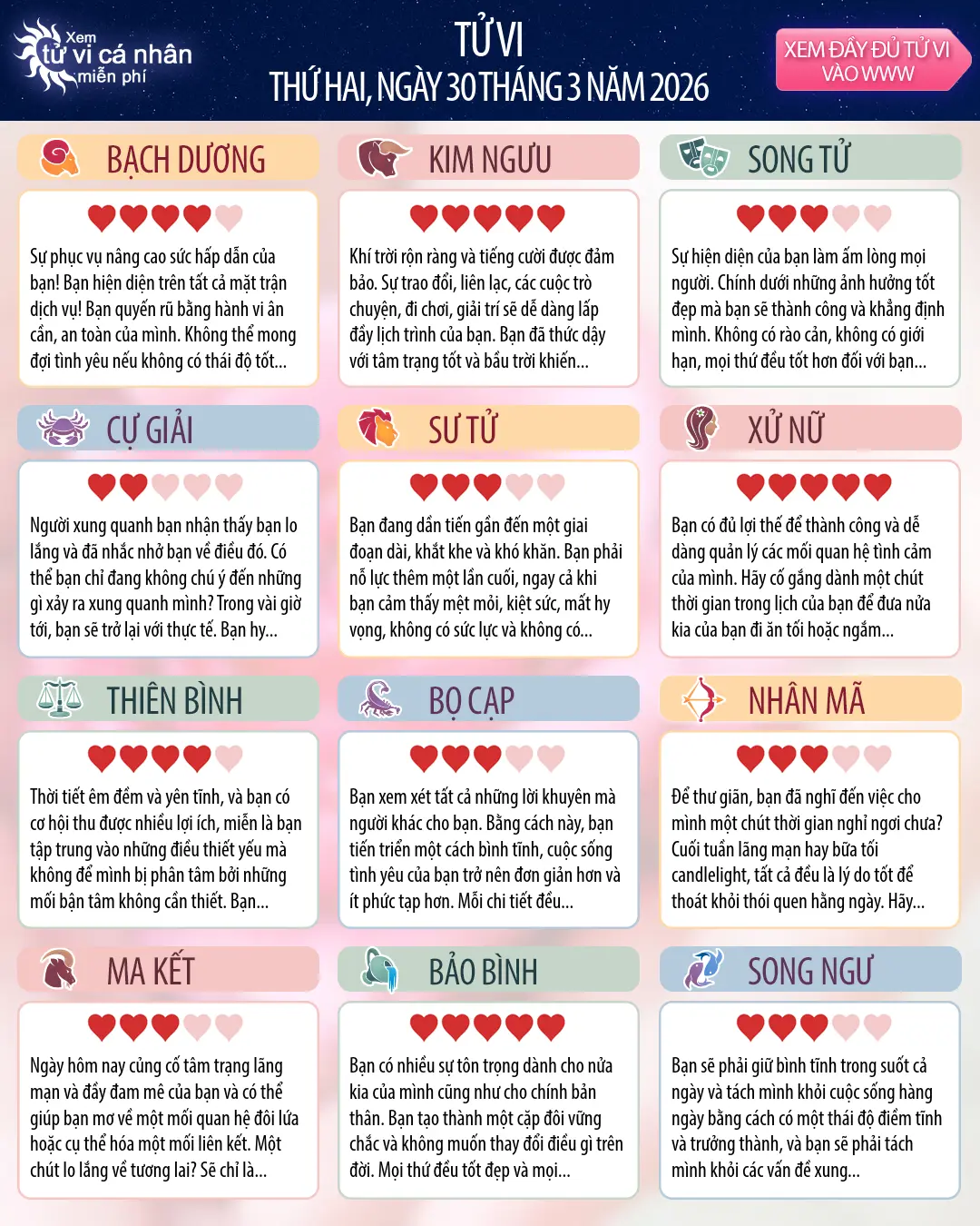 Oroscopo di thứ hai 30 tháng 3 2026