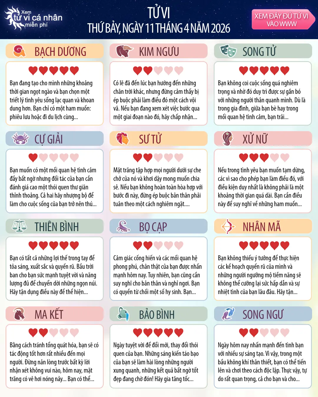 Oroscopo di thứ bảy 11 tháng 4 2026