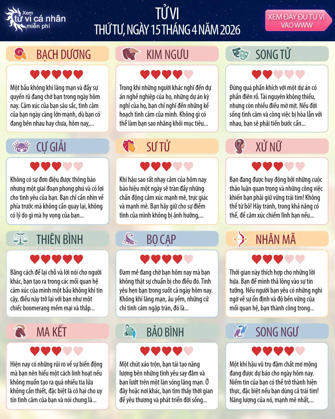 Oroscopo di thứ tư 15 tháng 4 2026