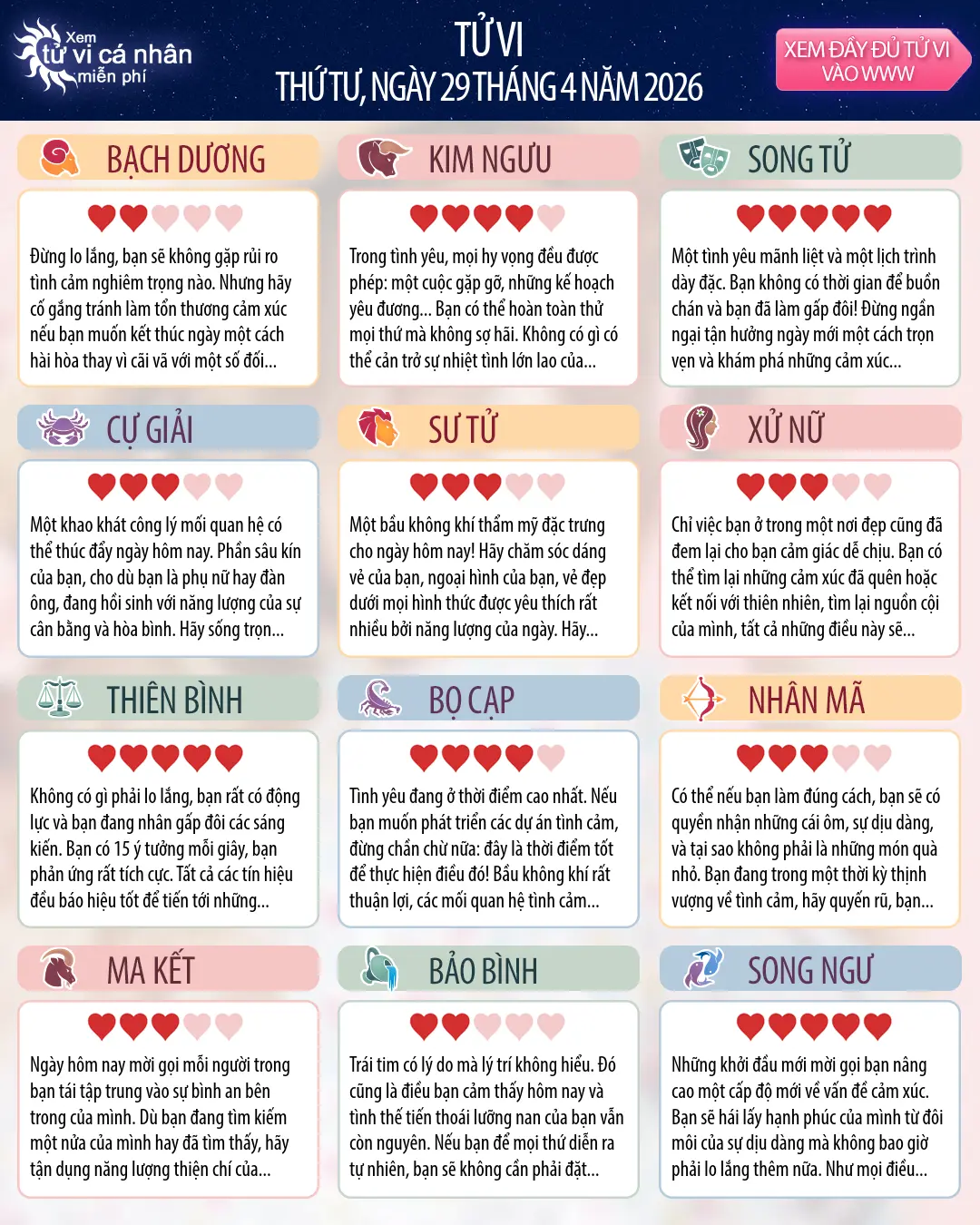 Oroscopo di thứ tư 29 tháng 4 2026