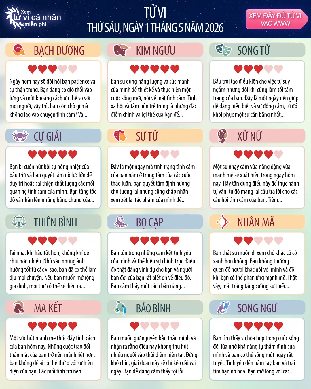 Oroscopo di thứ sáu 1 tháng 5 2026