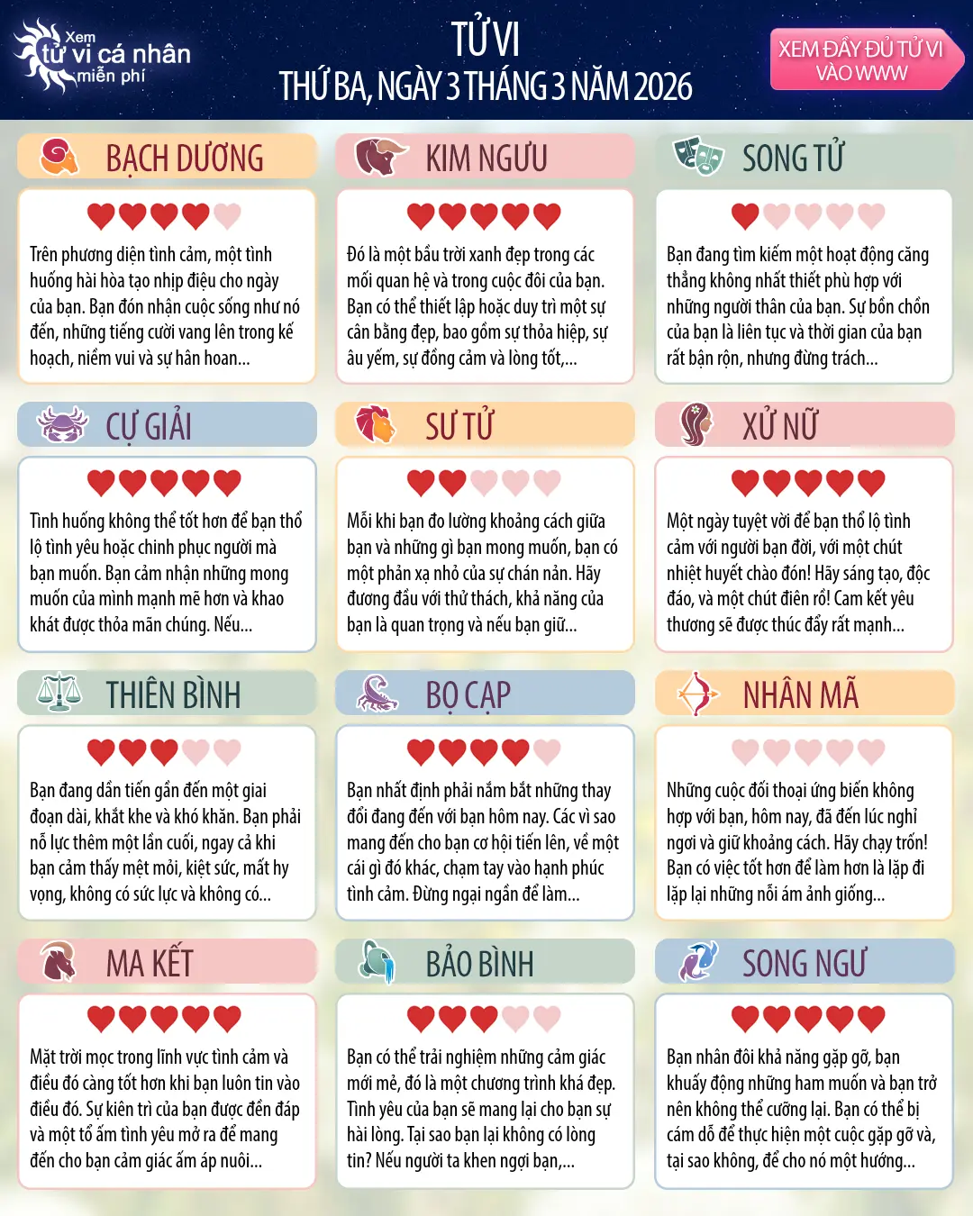Tử vi Bảo Bình hôm nay, 3 3 2026