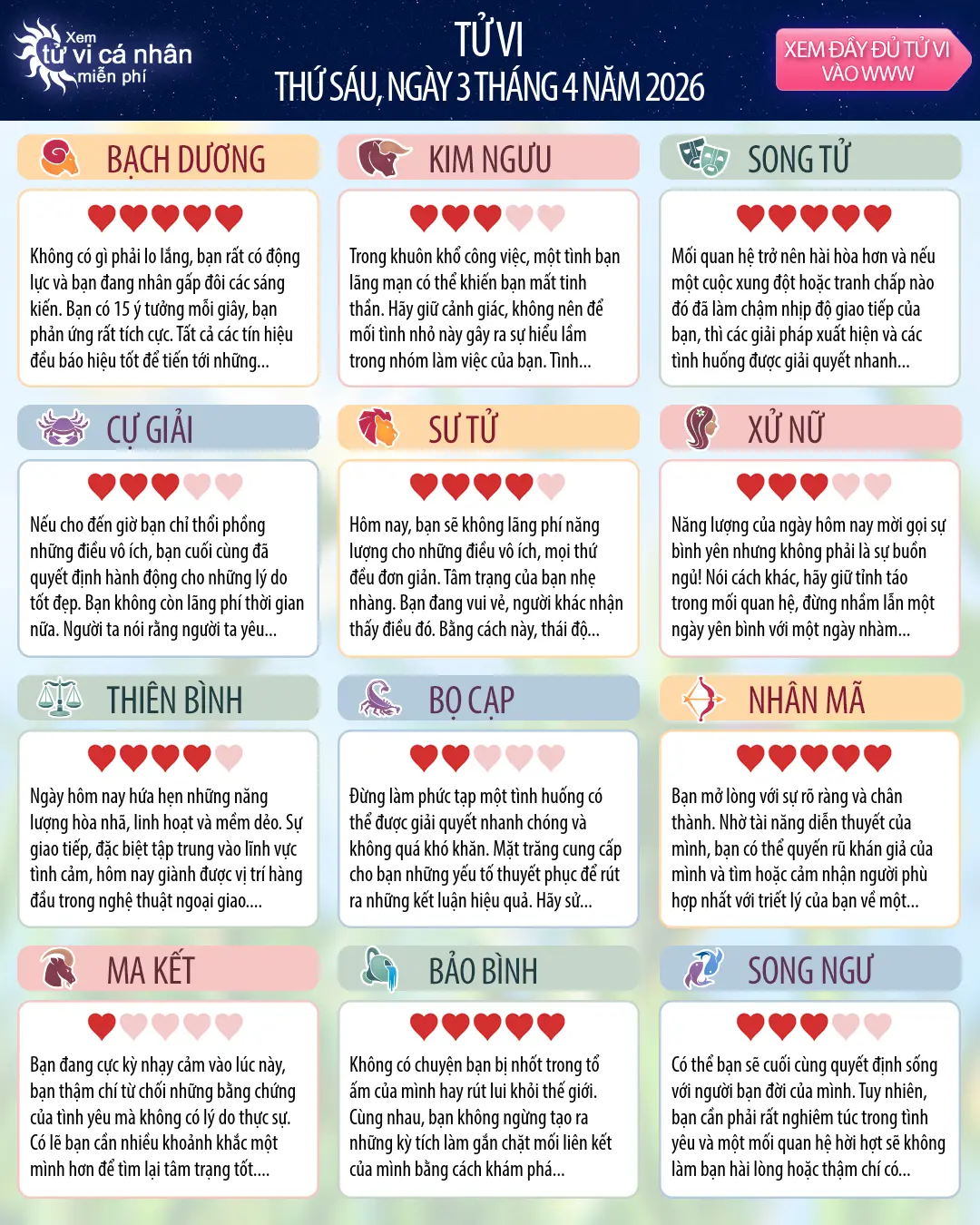 Tử vi Song Ngư hôm nay, 3 4 2026