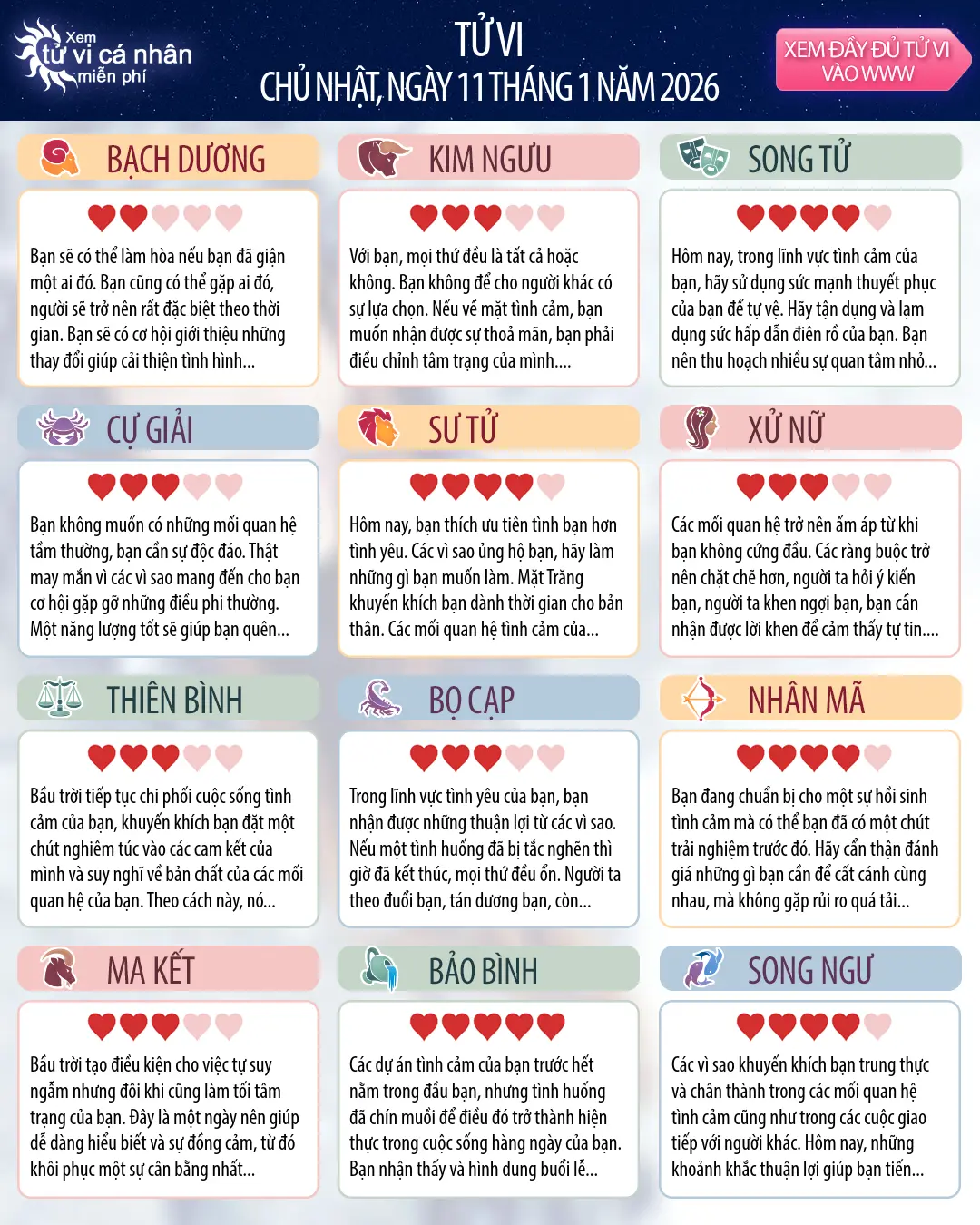 Cự Giải: tử vi ngày mai của bạn, 12, tháng 1 năm 2026