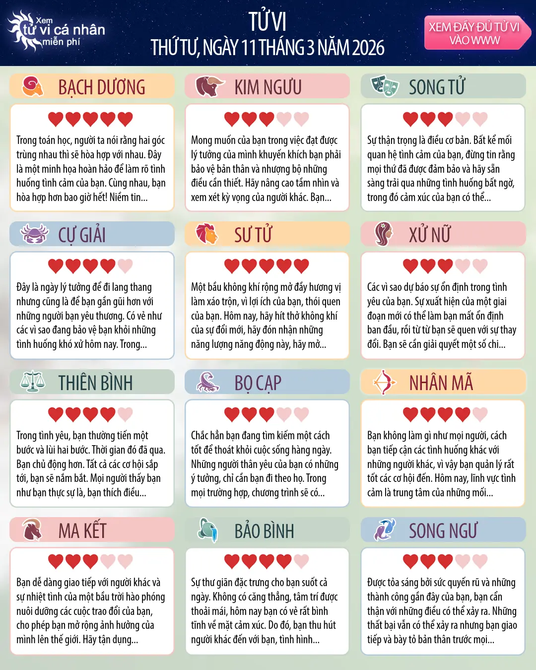 Tử vi Cự Giải hôm nay, 11 3 2026