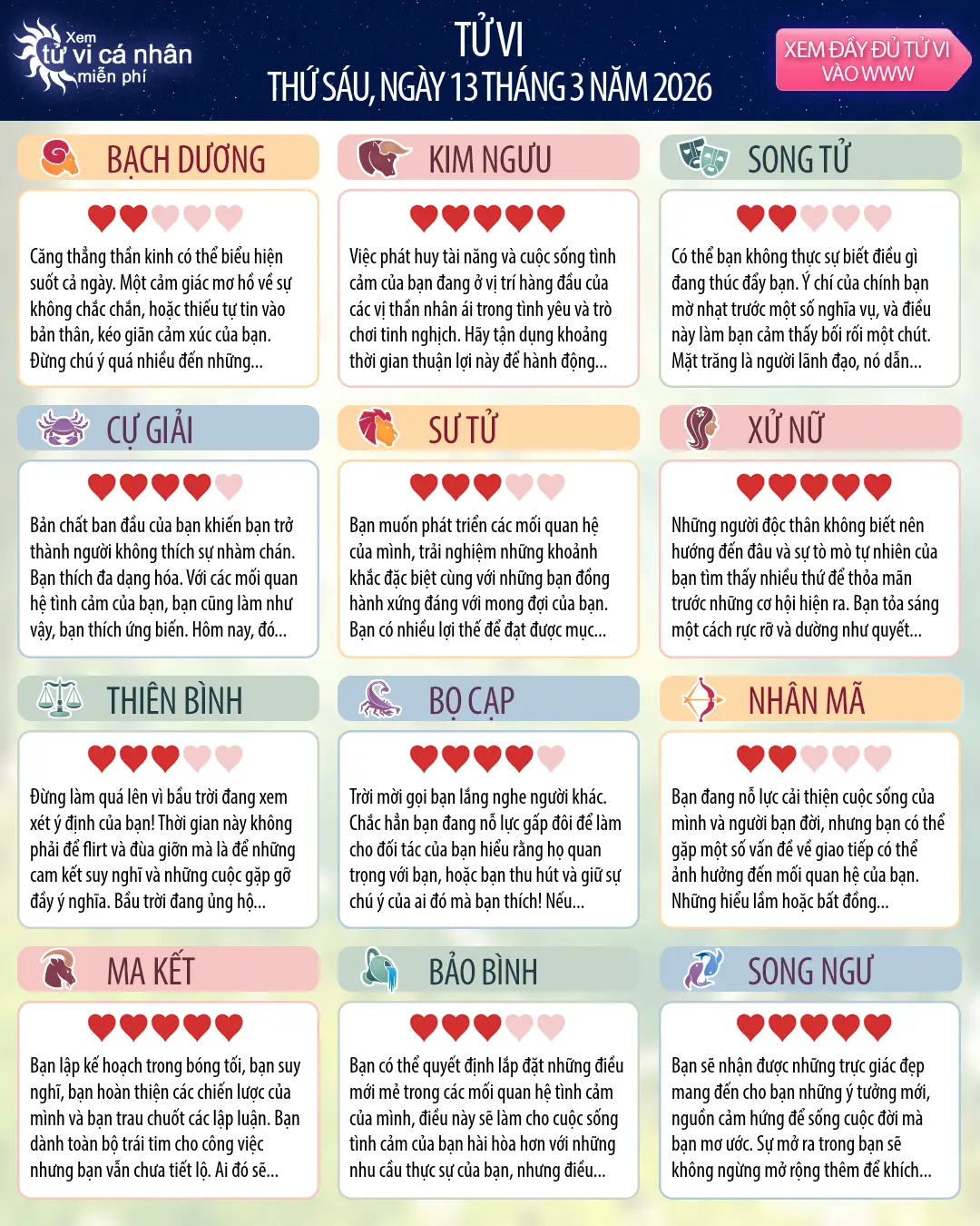 Tử vi Bạch Dương hôm nay, 13 3 2026