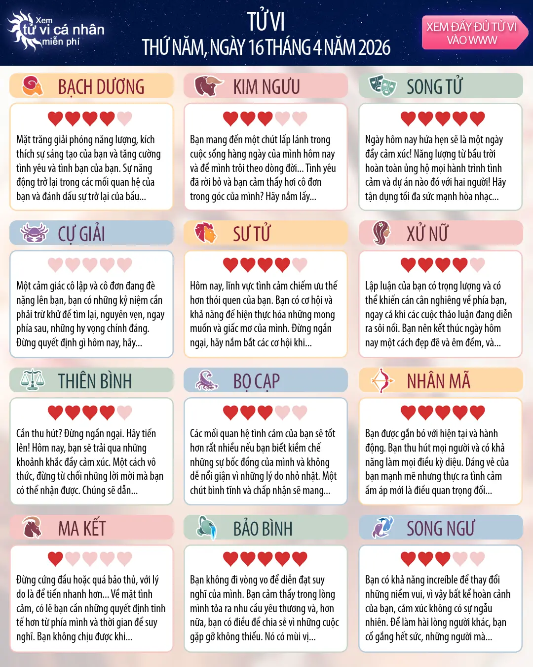 Thiên Bình: tử vi ngày mai của bạn, 16, tháng 4 năm 2026
