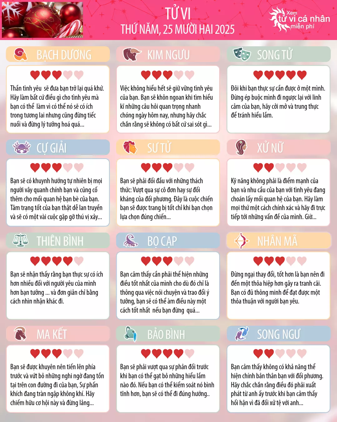 Tử vi Thiên Bình hôm nay, 25 12 2025
