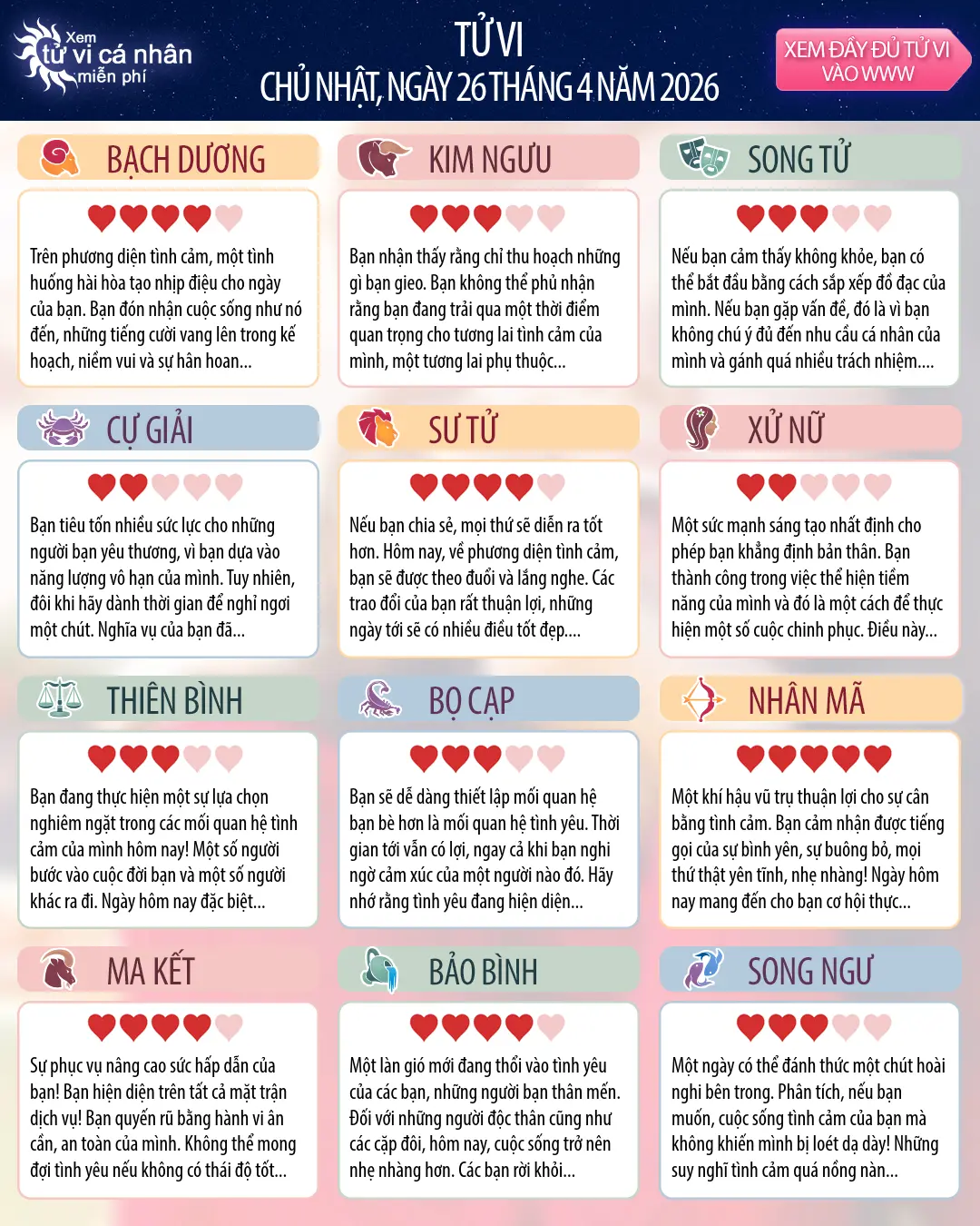 Thiên Bình: tử vi ngày mai của bạn, 26, tháng 4 năm 2026